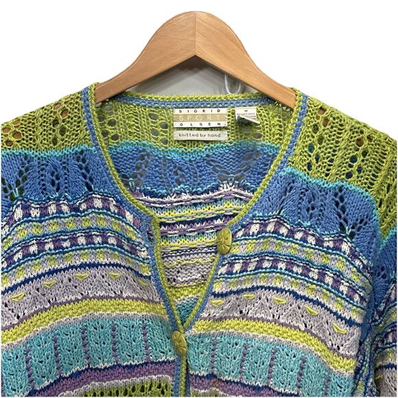 Sigrid Olsen Sport Hand Knit Pastel Cardigan Sweater Women M Ramie Cotton Multi - Picture 3 of 12